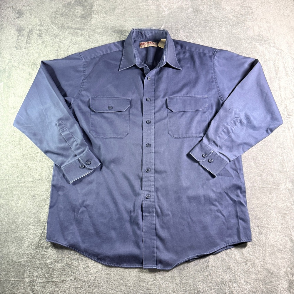Big Mac Mens Large 90's Work Shirt Blue Long Sleeve Button Up Twill Distressed